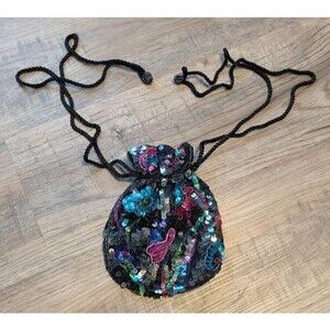 Vintage Malcolm Starr Double Drawstring Purse Bag Beaded Sequins Embellished